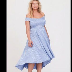 Torrid Disney Cinderella off the shoulder Dress Blue Satin Hi-Low